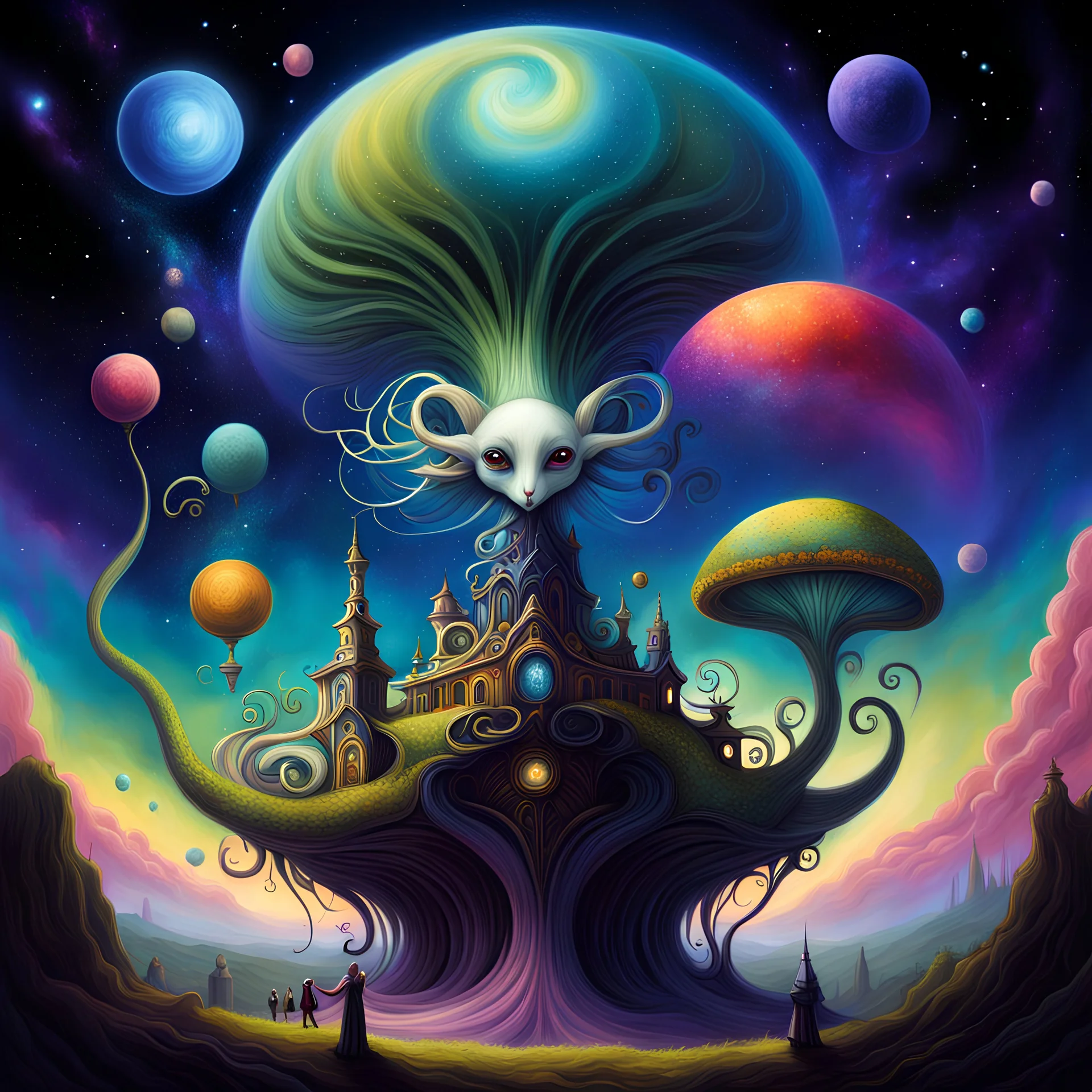 Clinging to the Apex of Humanity., creature design, Tim Burton, anthropomorphic character, surrealism, renaissance painting, concept art, colorful, cosmic, galactic, eldritch, mysterious, vibrant, whimsical, ethereal, rococo, digital painting, storybook illustration