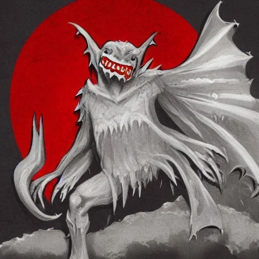 Bat monster with long limbs white skin and bloody fangs