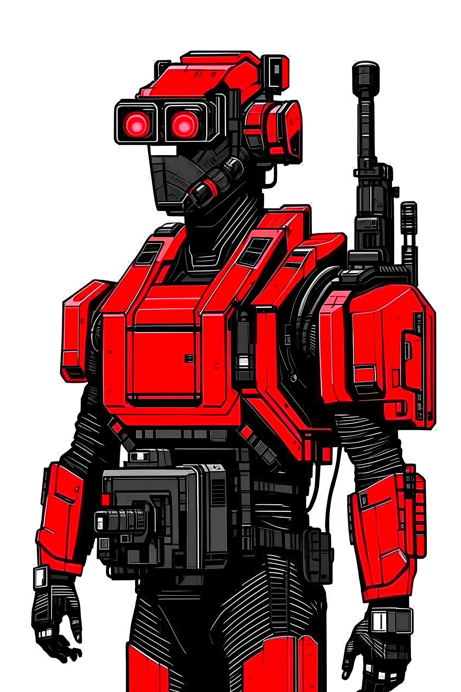 an army robot. guns are attached to his biceps. it's color is black and red. his head is big. his head is like pilot cabin. a robotic backpack