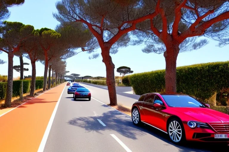 Day in quinta do lago, main avenida with two luxury car, with red cycling lane on both sides