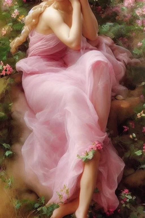 Spring goddess, Portrait of a full visible figure beautiful blond woman wearing a vaporous soft pink tulle dress, fully visible slender legs, beautiful face elegant extremely detailed intricate very attractive beautiful crisp quality Michelangelo Daniel Gerhartz