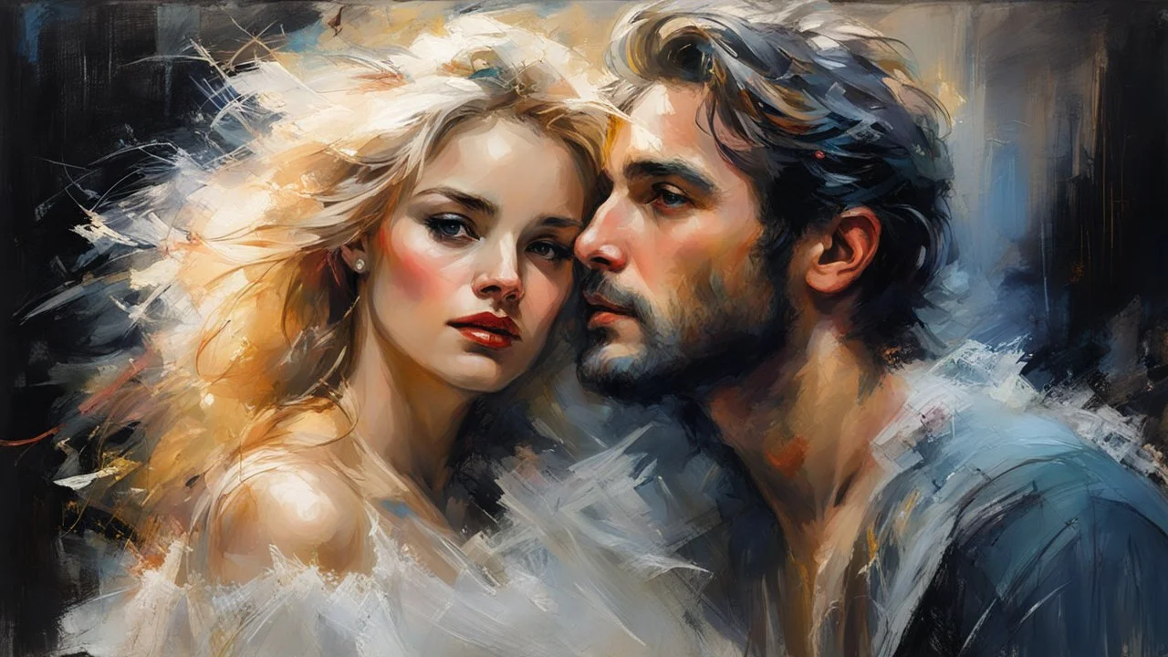 Portrait of a man and a stunningly beautiful blonde woman, made of tulle, detailed fabric painting, Candlelight Insanely detailed painting by Pino Daeni, Jeremy Mann, Carne_Griffiths, Vadim Kashin, James Gurney, thick paint strokes, texture, 16k resolution, fine art, natural light, beautiful