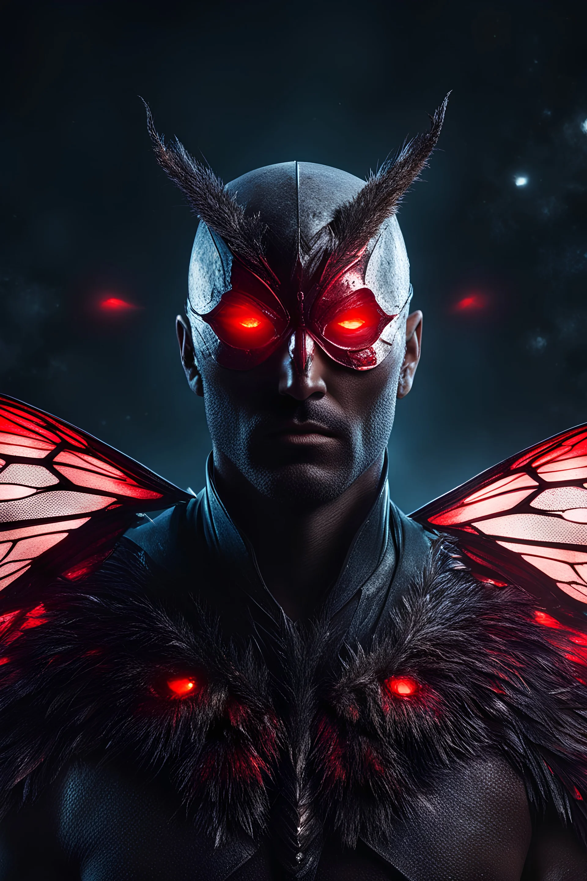 Moth man, real, 8k, night, red eyes