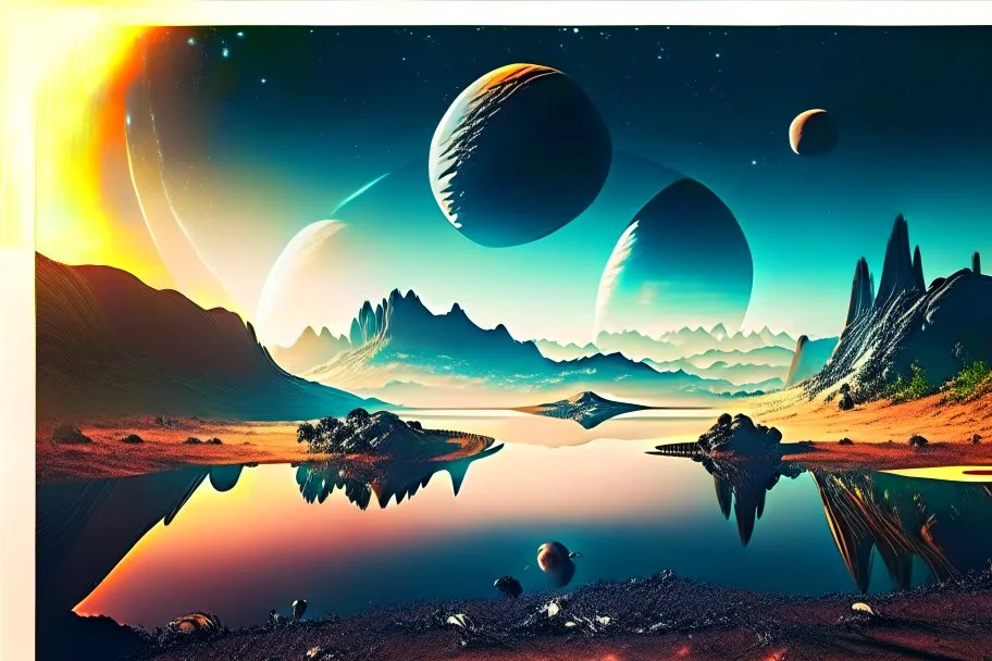 Alien landscape with exoplanet in the sky, over the valley. Pond, cinematic, movie poster