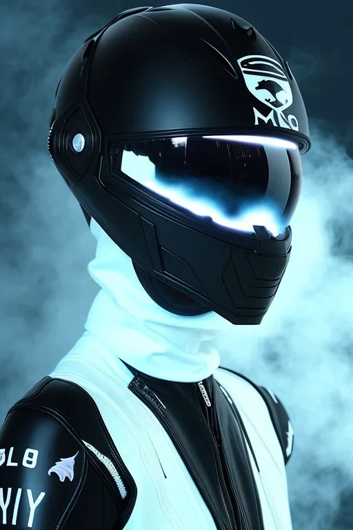 All Black racing suit AnnaSophia Robb, portrait, ghost mask, wearing high tech racing helmet, white smoke, dark, rage, sorrow, high definition, ultra 8 k, volumetric lighting, blue fire, fog