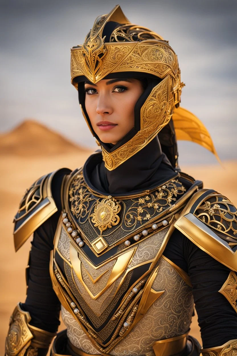 Full body photography,front_view,power ranger looking at viewer,traditional dress ornaments mechanical_armor,intricate armor, delicate golden filigree, intricate filigree, black metalic parts, detailed part,desert background, dynamic lighting