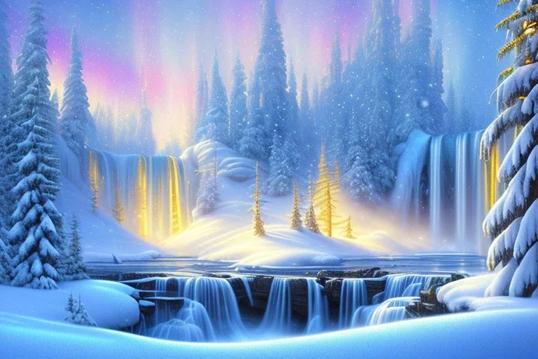  white and gold crystal background，waterfall, winter snow flakessnow, northern Lights, full of details, smooth, bright sunshine，soft light atmosphere, light effect，vaporwave colorful, concept art, smooth, extremely sharp detail, finely tuned detail, ultra high definition, 8 k, unreal engine 5, ultra sharp focus