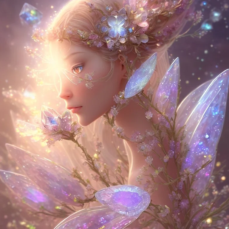 one big crystal subtle flower in a galactic ambiance with a very little beautiful fairy, transparent petals, delicate colors, in the foreground, full of details, smooth, bright sunshine，soft light atmosphere, light effect，vaporwave colorful, concept art, smooth, extremely sharp detail, finely tuned detail, ultra high definition, 8 k, unreal engine 5, ultra sharp focus