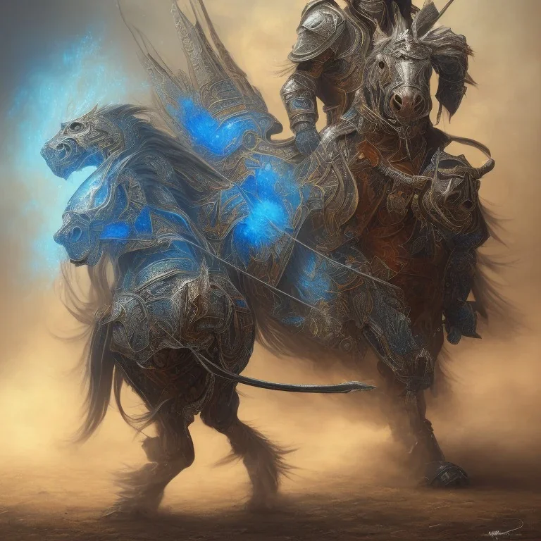 angry stallion in Blue and orange battle armor, bucking, a highly detailed illustration, background of Inka jungle, realistic render, 8 k, micro detail, intricate, elegant, centered, digital painting, Artstation, smooth, sharp focus, illustration, artgerm, tomasz alen kopera, peter mohrbacher, donato giancola, joseph christian leyendecker, wlop, boris vallejo