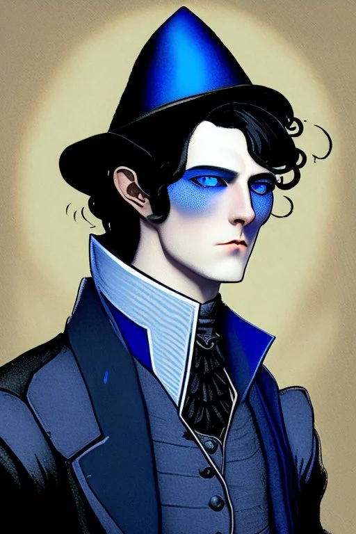 black haired blue eyed dandy wizard in the style of beresford egan