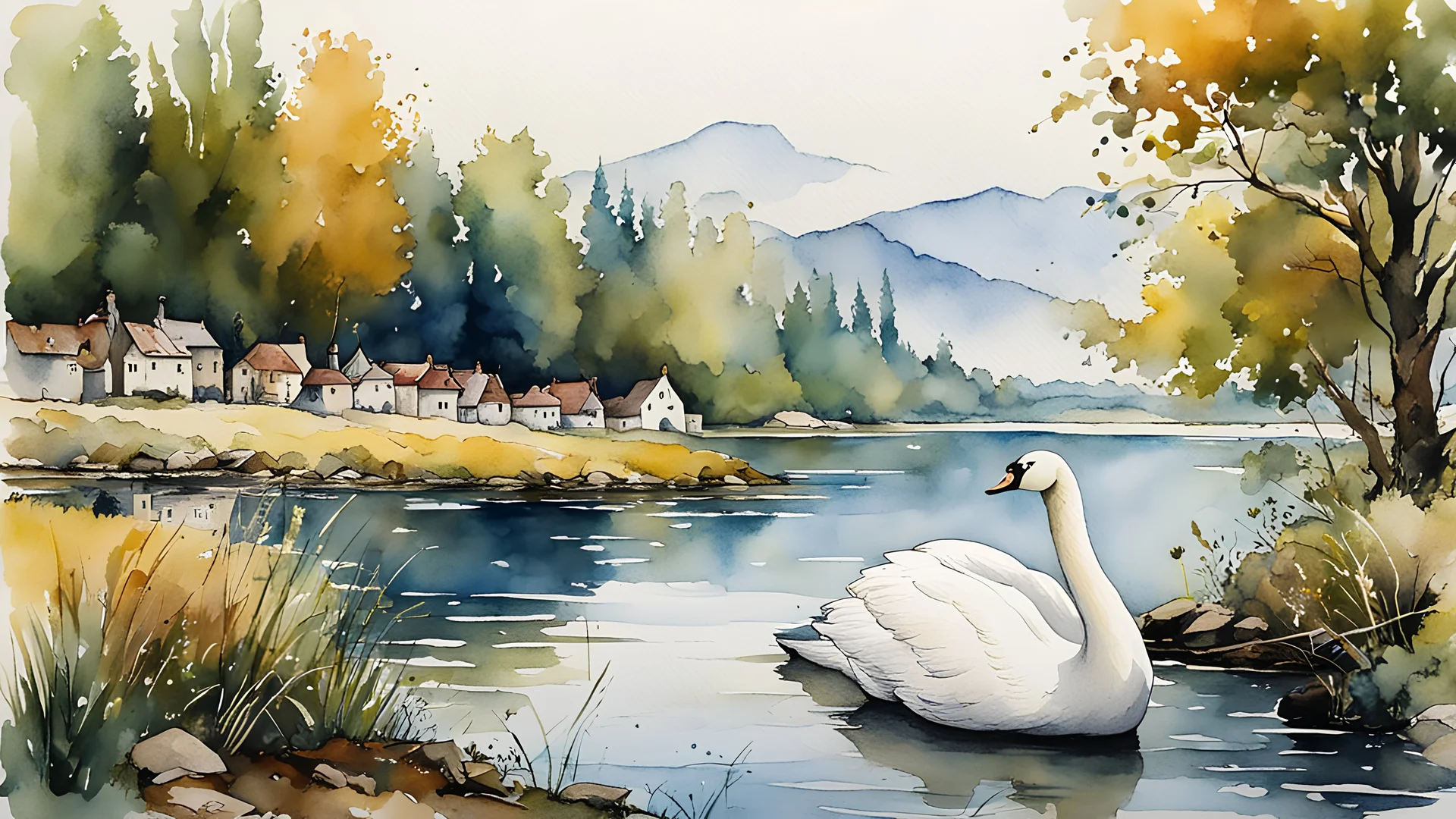 Summer landscape, a swan near the river, a lake. Style Jean-Baptiste Monge, watercolor, ink. Picturesque and colorful. Bright colors of the bullring