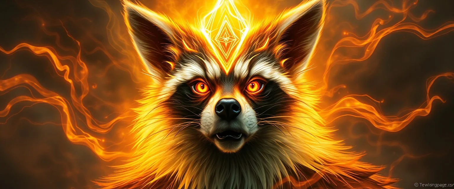 close up portrait of a plasma racoon king flickers like hypnotic fire in geometric shapes like a dna swirl of time and a fearsome planeswalker covered in powerful runes