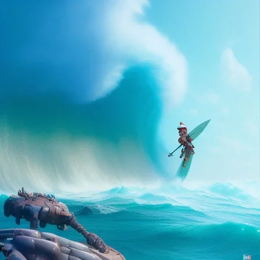 Santa standing of surfboard surfing a big wave, empty hands, beach, character design by cory loftis, fenghua zhong, ryohei hase, ismail inceoglu and ruan jia. unreal engine 5, artistic lighting, highly detailed, photorealistic, fantasy