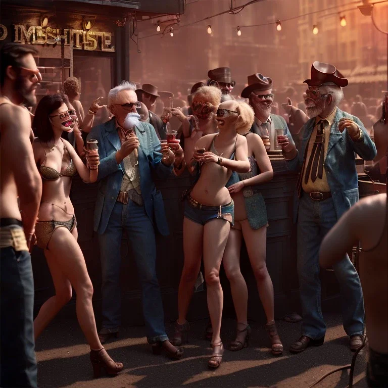 Realistic photo, American shot view, old man, cabaret scene, steampunk. Women, Drunken, Sunglasses, smoking, happy, hot. Many people background, highly detailed, concept art, unreal engine 5, ray tracing, RTX, lumen lighting, ultra detail, volumetric lighting, 3d, finely drawn, high definition, high resolution.