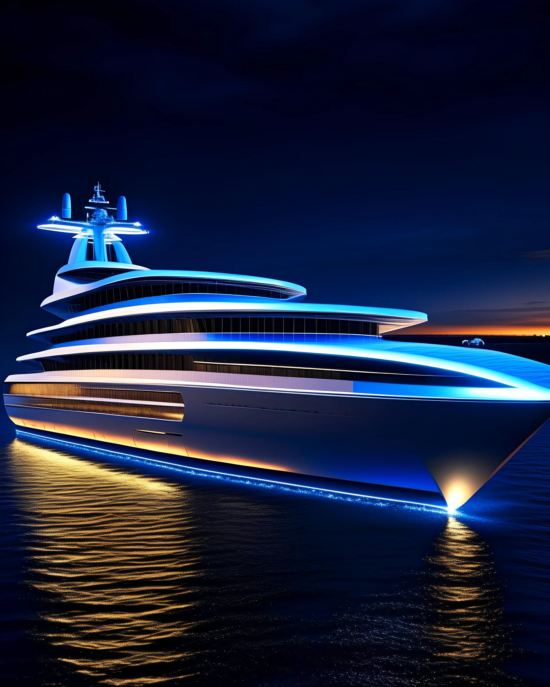 Futuristic cozy superyacht silver design, diamond-framed impressive, movie lighting, high resolution, 8K