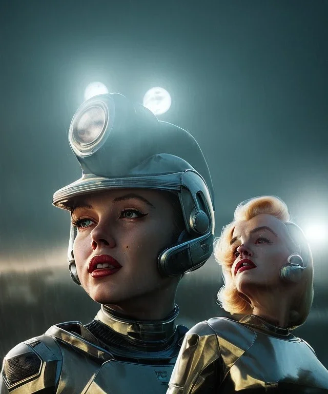 Ultra Realistic retro sci-fi 1960 scene, waist up view portrait, blonde woman, sweet young Marilyn Monroe face, perfect iris, tight latex coat, Strange planet background, Retro sci-fi style glass helmet, sphere dron, fog, rain, soft color, highly detailed, unreal engine 5, ray tracing, RTX, lumen lighting, ultra detail, volumetric lighting, 3d, finely drawn, high definition, high resolution.