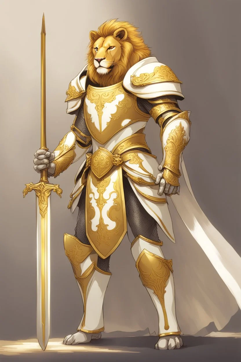 Humanoid lion knight wearing white and gold armor, wearing a white and gold cape, holding a large sword and shield