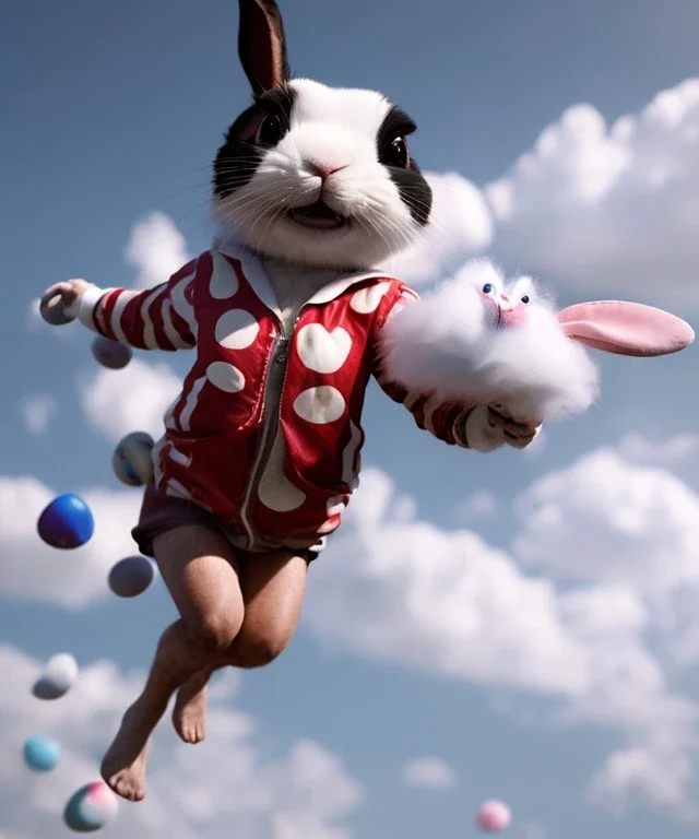 Ultra realistic speed clouds sky scene, wide angle view, child falling down with many Children background, rabbit head, inflatable monsters, circus dress style, feather color, free jumping flying, many trinkets, hair monster, many jelly beans, balls, color smoke, smile, happy, extreme, wind, clouds sea, 20,000 feet altitude, stratosphere, soft color, highly detailed, unreal engine 5, ray tracing, RTX, lumen lighting, ultra detail, volumetric lighting, 3d, finely drawn, high definition.