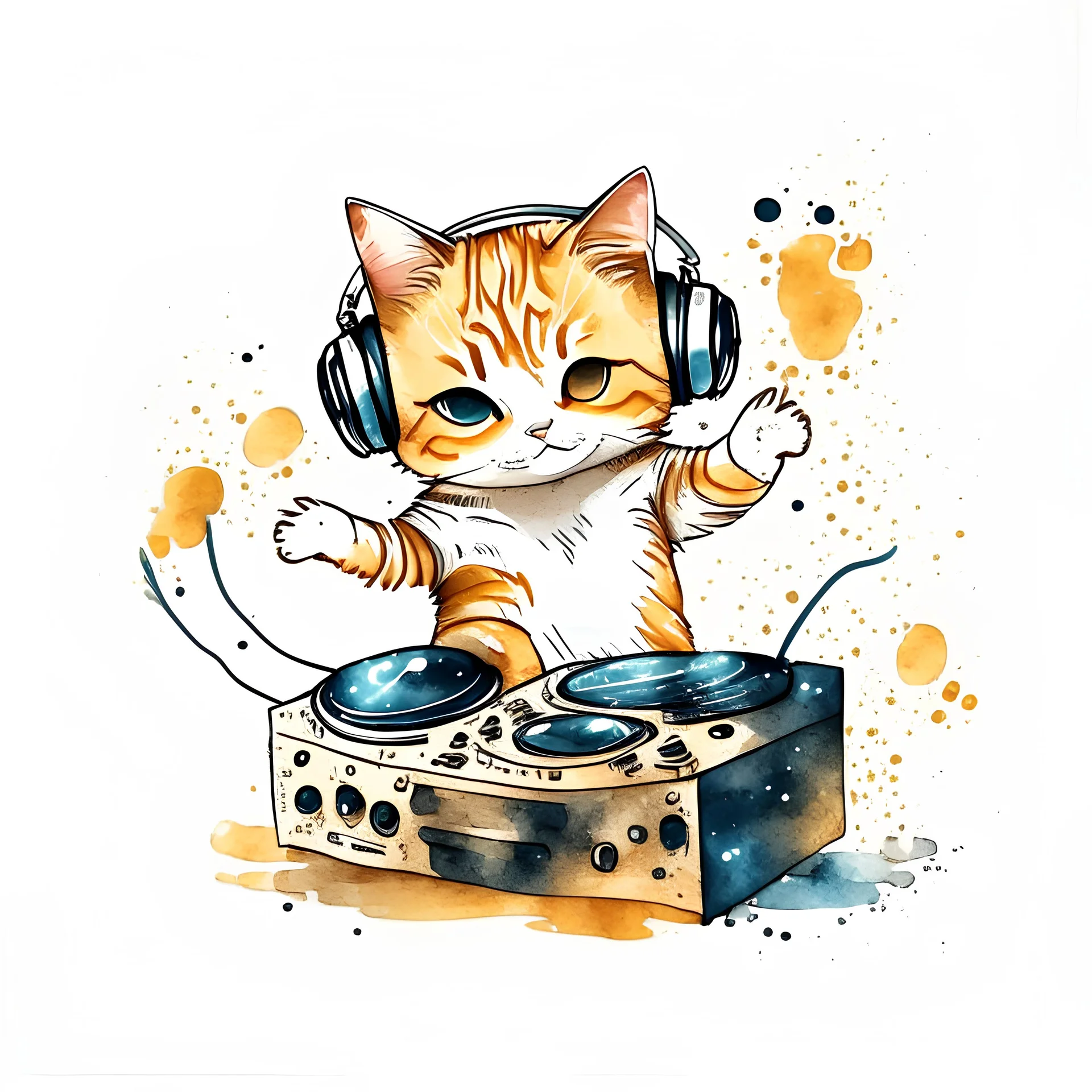 cute dj cat, full body, cartoon vector logo watercolor