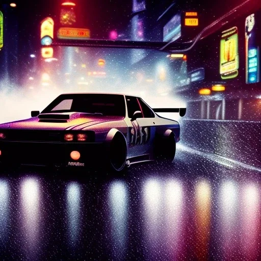 wideshot, fullbody, 35mm film still from a 70's live action movie of Need For Speed Underground showing Eddies Nissan skyline racing through the wet city streets, with reflections of his car on the windows, cinematic, cinematography, night, raining, high detail, medieval, steam punk, future punk