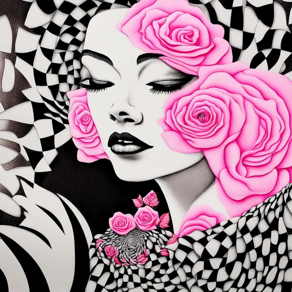 A detailed high quality surreal painting of a delicate, shimmering single pink, personified rose, with a womans face a small pretty face in its petals, two eyes, pouting lips, delictae nose, background is a blurred black and white hypnotic pattern, very mod, 1960s inspired art, psychedelic, highly detailed conceptual art, mixed media collage, dark fantastical, hypnotic atmosphere, fine lines, dali-esc, beautiful and natural, strange art, optical illusion