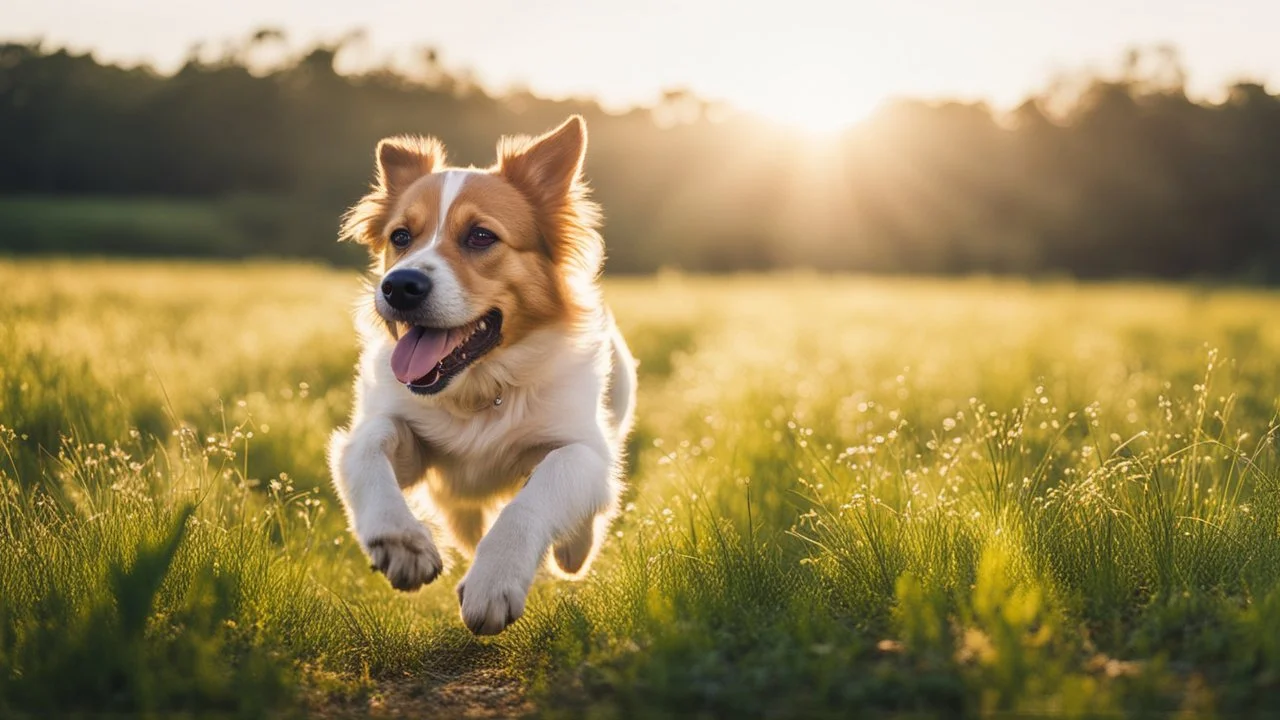 ((cheerful dog, running, grassy field), sunny, bright, (golden hour lighting), soft focus, vibrant colors), polaroid, photograph, professional photograph, (high resolution, cinematic composition, telephoto lens)