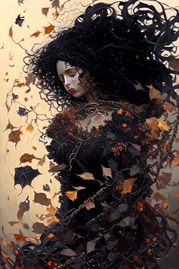 abstract creation of a beautiful girl with black curly hair, surrounded by black roses, thick metal chain broken, glass petals on the ground, autumn colours,dried out thorn bush, chaos,