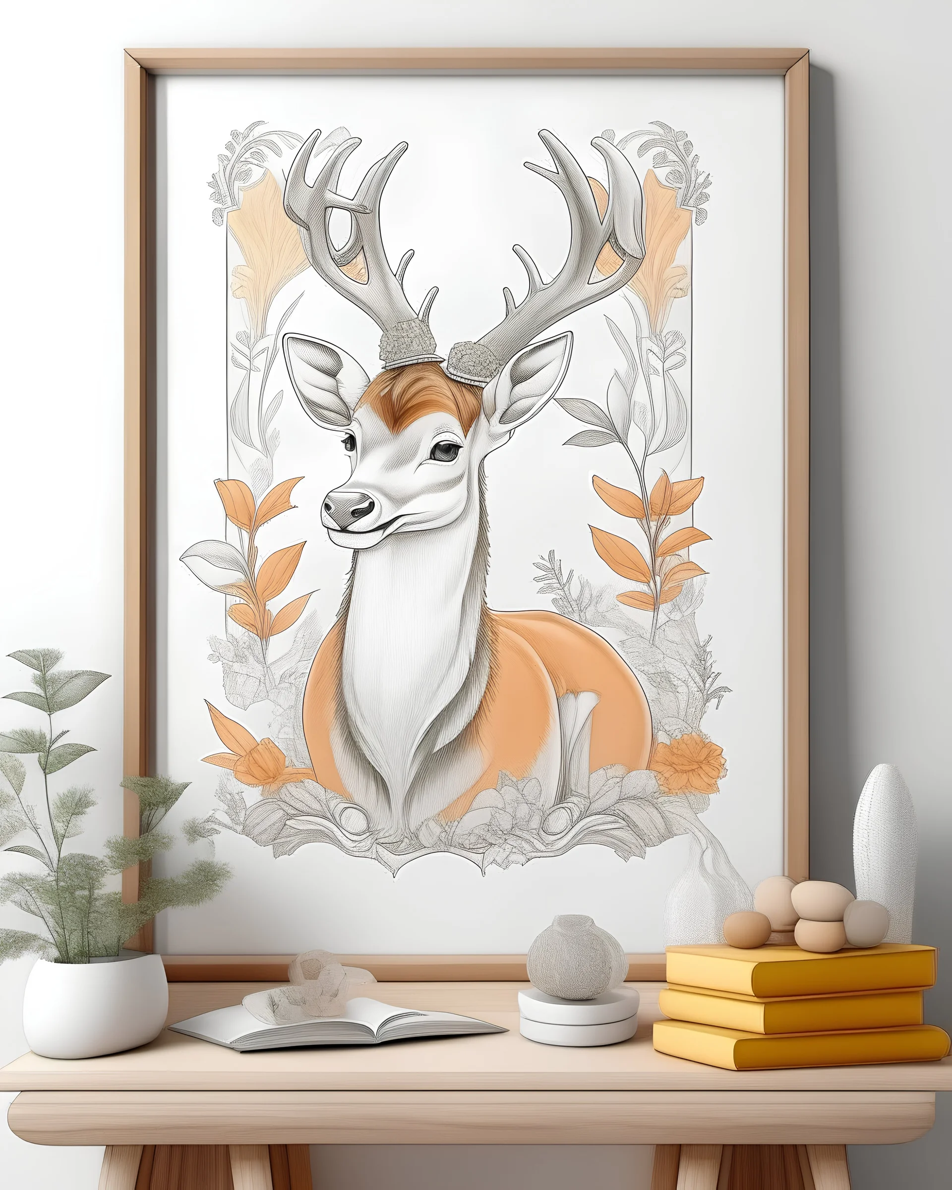 Picture a realistic photograph of a child happily coloring a lively deer illustration. The rectangular frame, adorned with intricate swirls and floral motifs, adds a touch of elegance to the snapshot, creating a heartwarming blend of childhood innocence and artistic expression.