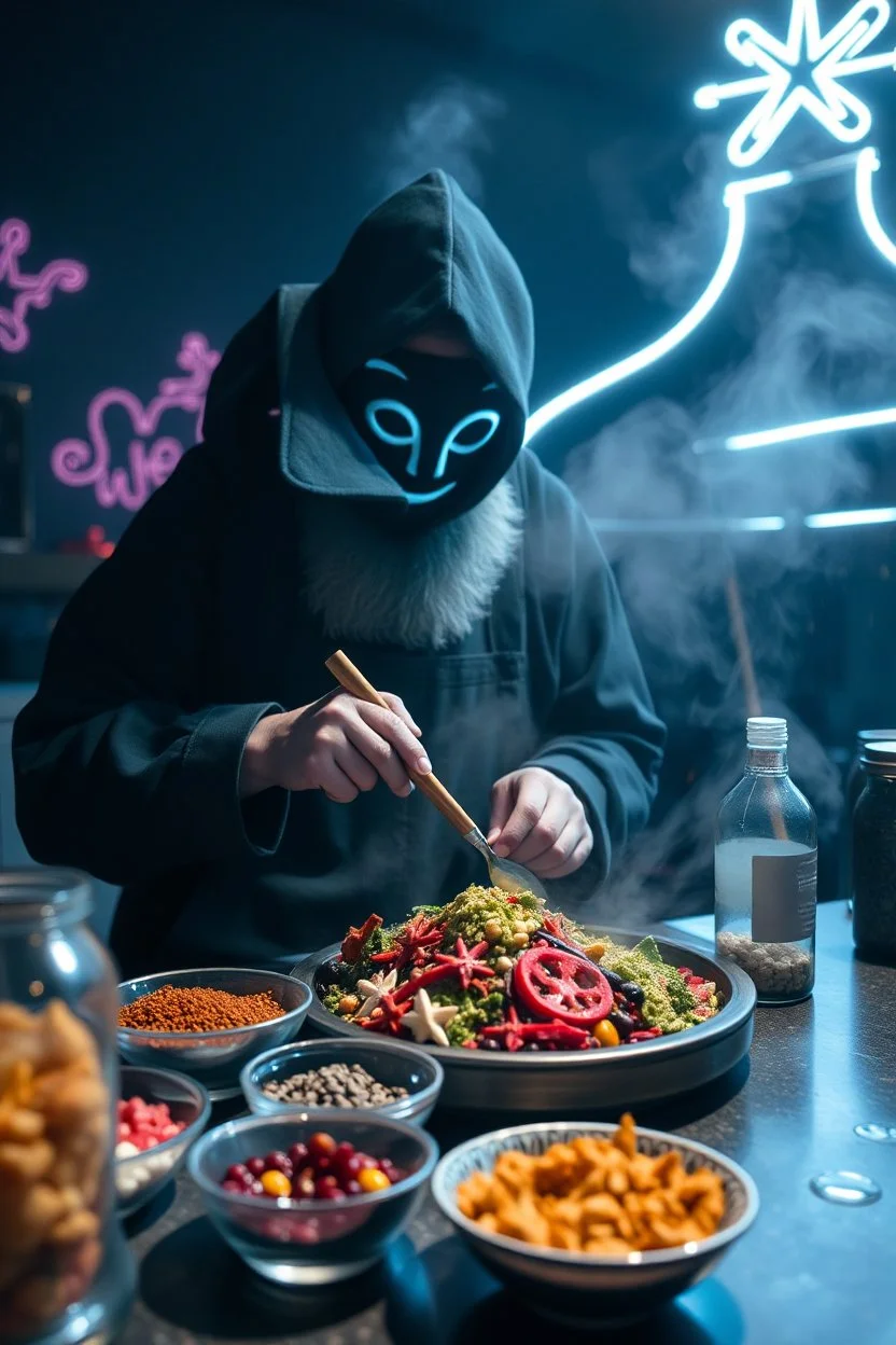 mixing up spices in Trondheim while making food, extremely sharp hypnotic soothing emotional support sacred geometry radiation star priest anonymous octopus by munch singer symbol in front of depth of field neon google neon glass submarine effect