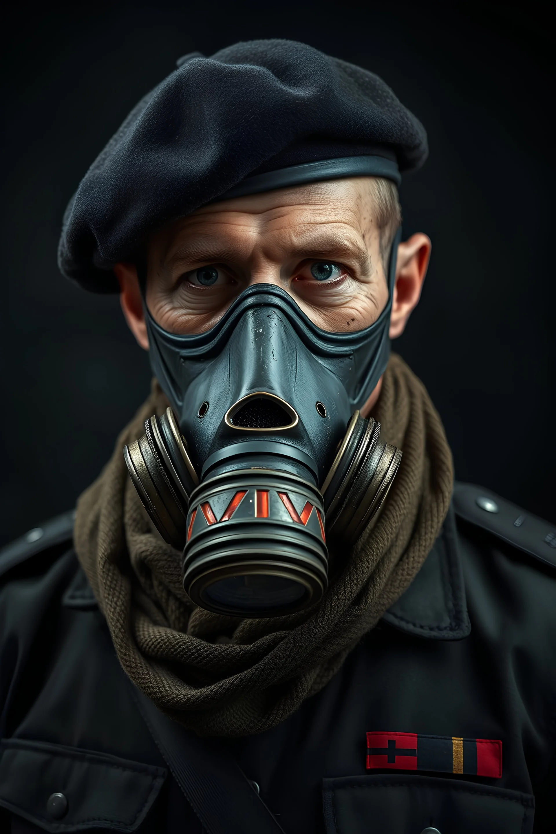 Military officer of German origin with damaged skin and body, about 30 years old with a black beret, a scarf falling from the shoulders and an apocalyptic gasmask hiding his entiere face, he looks like he mutated into a hybride. all on a dark background