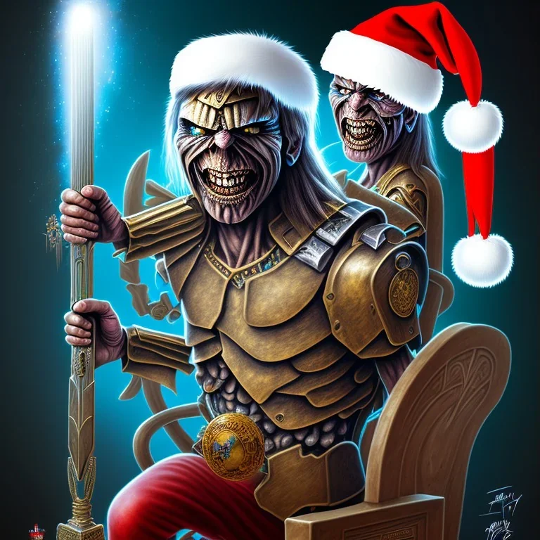  iron maiden sur un trone, bonnet père Noël