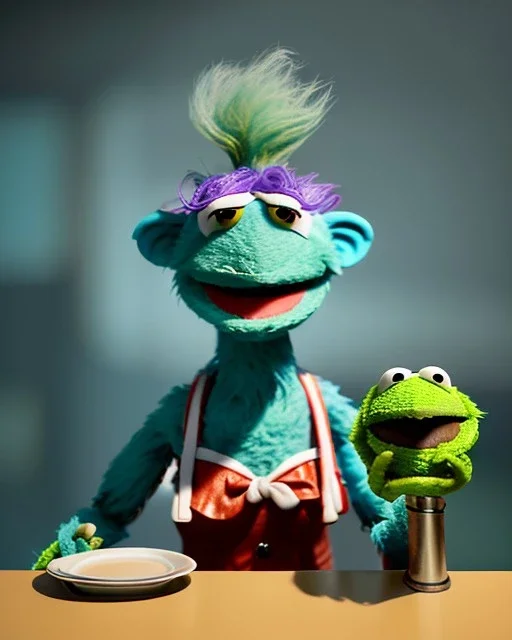 hybrid character, waitress sexy woman with monster muppet mask that covers her entire head, retro style, Sesame Street style, smooth, unreal engine 5, god lights, ray tracing, RTX, lumen lighting, ultra detail, volumetric lighting, 3d.