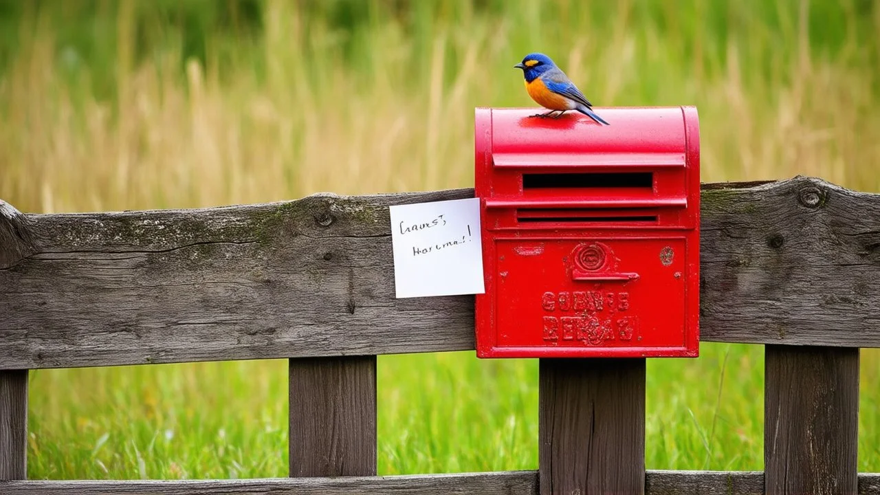 an old wooden fence with a little bird on it, a red old mailbox on the fence, a big note stuck on the mailbox