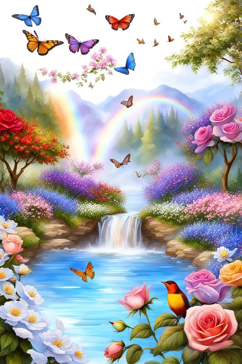 Trés belles roses, rainbows, beautiful colors gardens , flowers, cascades,Birds, butterfly