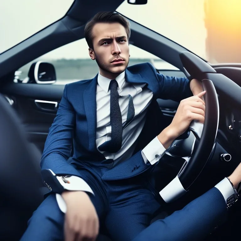 Man in suit, sitting at the wheel of his car, looking exhausted, tie untied, chin thinning