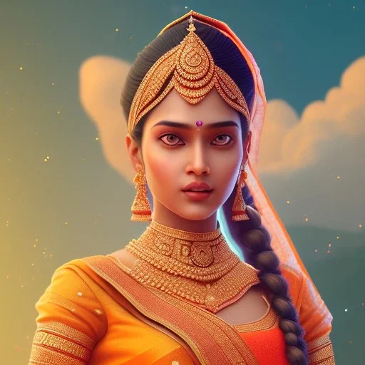 Indian woman in sari in an orange and violet landsacape with multicolored crystals falling from the sky, full of details, smooth, bright sunshine，soft light atmosphere, light effect，vaporwave colorful, concept art, smooth, extremely sharp detail, finely tuned detail, ultra high definition, 8 k, unreal engine 5, ultra sharp focus