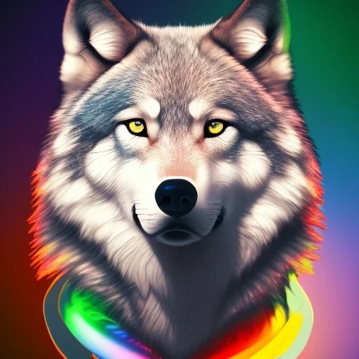 Wolf, red, orange, yellow, green, blue, purple, masterpiece, expert, 8K, hyperrealism, sharp focus, cinematic lighting