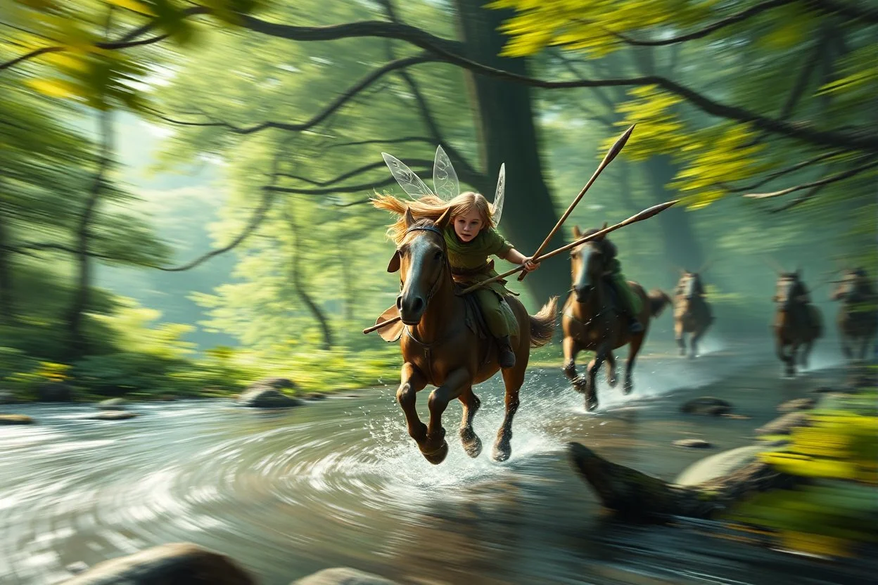 oil painting ,motion blur running caped long haired pixie Quickling - Forgotten Realms dodging forked spears above water and along winding branches in lush green forest along speeding horses , bokeh like f/0.8, tilt-shift lens 8k, high detail, smooth render, down-light, unreal engine, prize winning