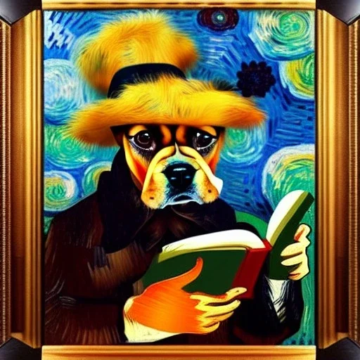 oil portrait of a dog with hat reading a book and smoking a wooden pipe by Van Gogh 8k