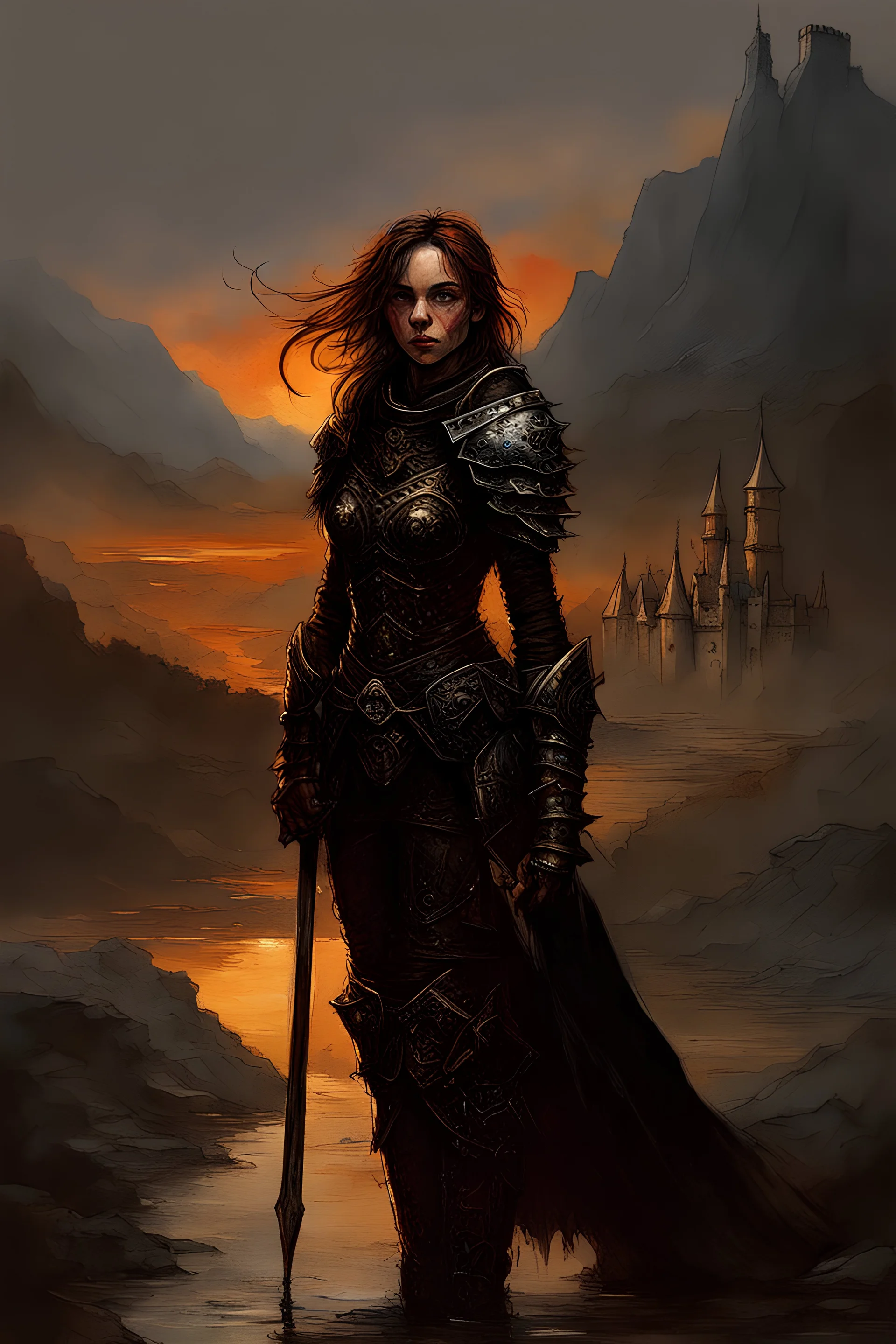 A formidable warrior girl in black armor, on the background Amazing gloomy landscape, flooded with sunset, mountains, trees, fabulous scary hero, , juicy emotions, painting, dark fantasy, gloomy day, dark world, portrait, Gothic Town At Night, Fantasy, Intricate Details, Castle Courtyard Gardens, Hyper Detailed, Jean Baptiste Monge, Carne Griffiths, Michael Garmash, Seb Mckinnon, Masterpiece