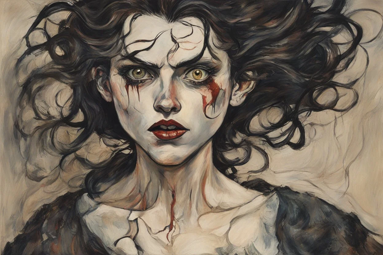 Painting of a deranged and twisted, Goth vampire girl, with highly detailed hair and facial features in the Expressionist style of Egon Schiele, Oskar Kokoschka, and Franz Marc, in muted natural colors