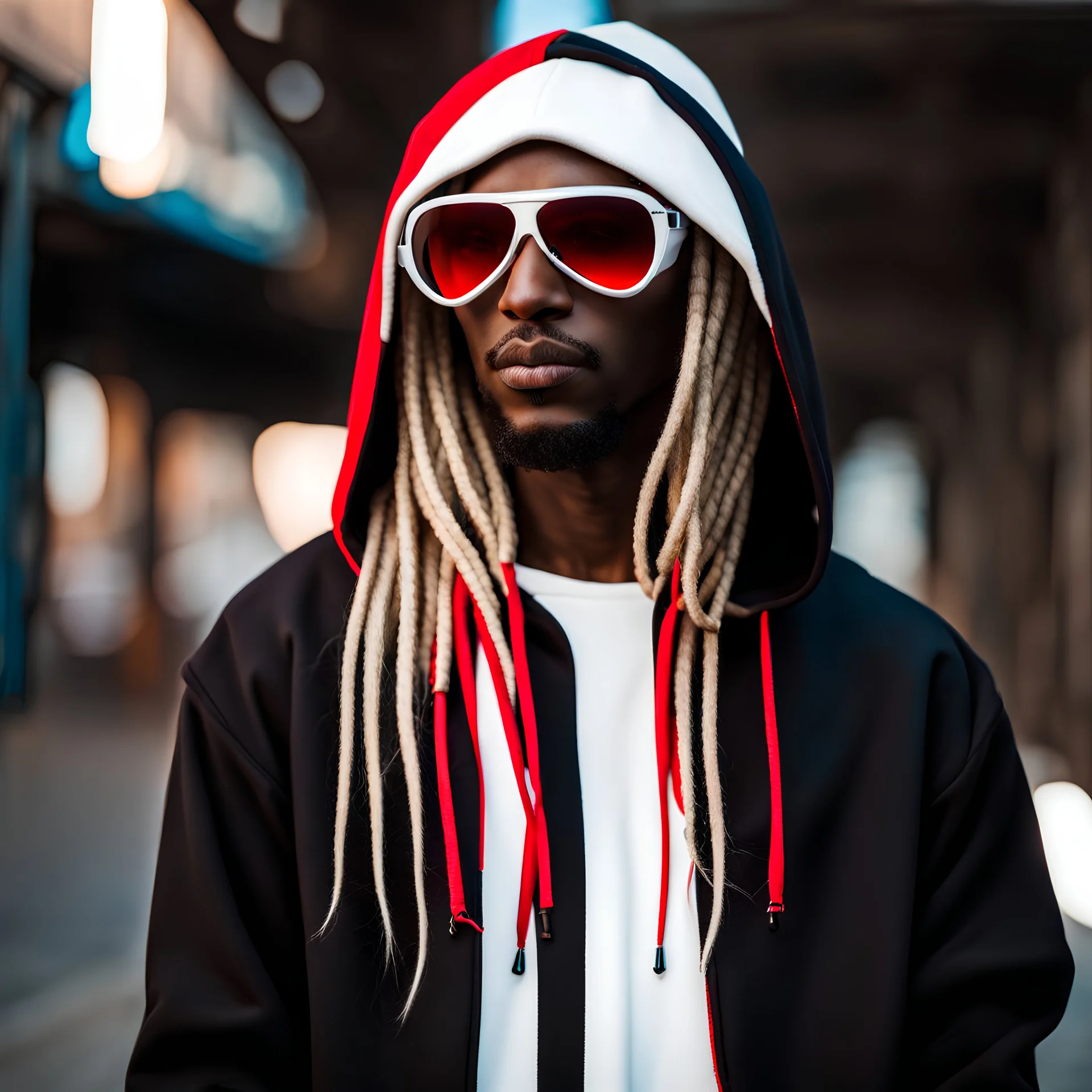 Mysterious Cuban cyberpunk wizard, short dreadlocks dyed blonde, dark skin, hooded sweatshirt, bright white eyes, red reflective shades