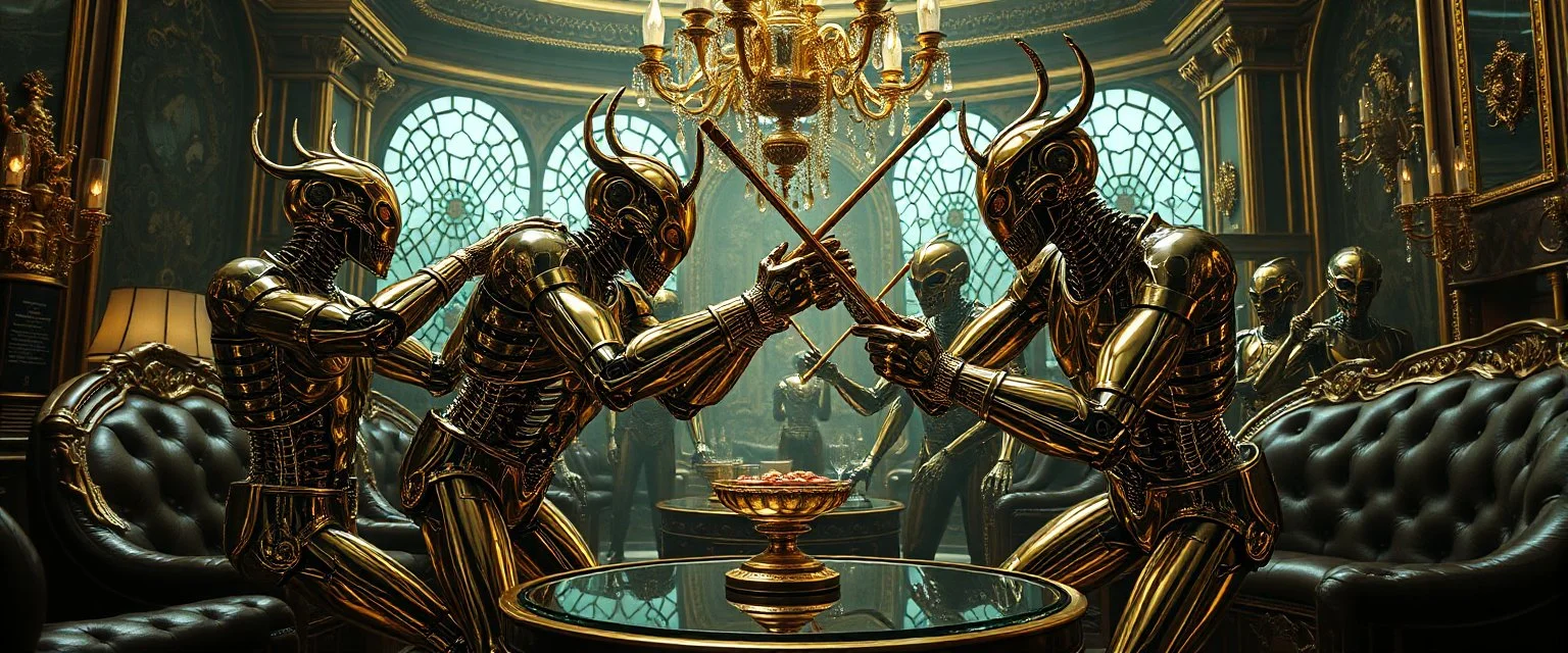 Lotsa shiny brass and tinted glass goths pushing each other with sticks in dramatic scene in luxury parlour in the style of Giger and Escher