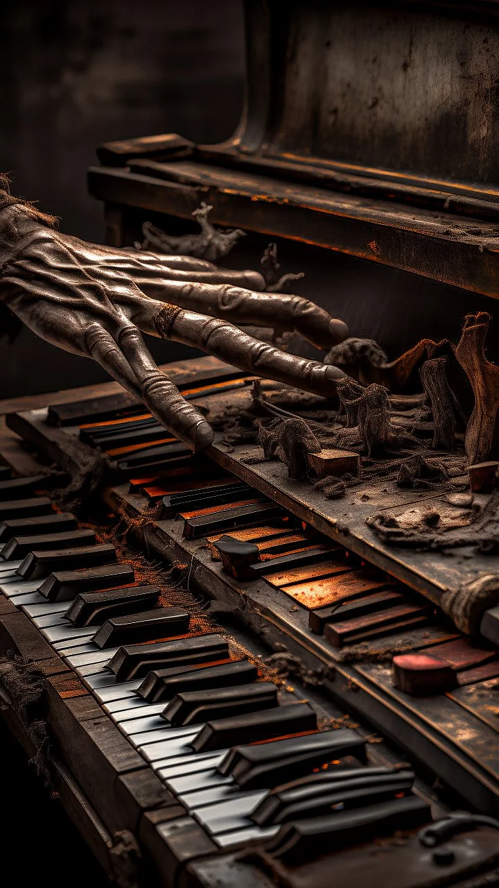 Ugly , Evil rusted hands playing on an old piano keyboard