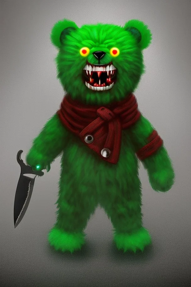 A maniacally laughing psycho evil teddy bear holding a knife, his one eyeball (made of a button and thread) hangs down his furry face, creepy, nightmarish, scary and surreal, the background is a bloody hallway erupted with bright neon green flames, animatronic, cartoonist, absurdist, exaggerated, character design, horror cut v.I, horror art, five nights at Freddy, similar art to chucky, garbage art, graphic novel illustration style, videogame art, post modern cartoon, trending on artstation, Ka