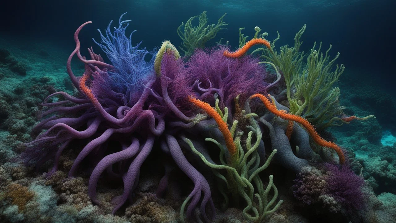 animals creatures, plants from subanautica from deep sea, leviathan's a lot of sea plants very deep, beautiful, river of magma, green and blue, dark purple