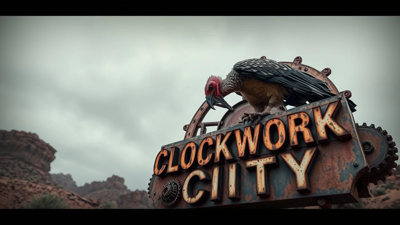 an arafed damaged rusty dirty oil-stained clockwork steampunk and cyberpunk signboard made of intricate complicated mechanism of cogs and sprockets with text CLOCKWORK CITY; a large arafed turkey vulture crouching perched menacingly on signboard with its beak dripping black oil, desert scene, black oil drips, industrial vibe, low angle, looking upwards, deep dull red and black and orange shades