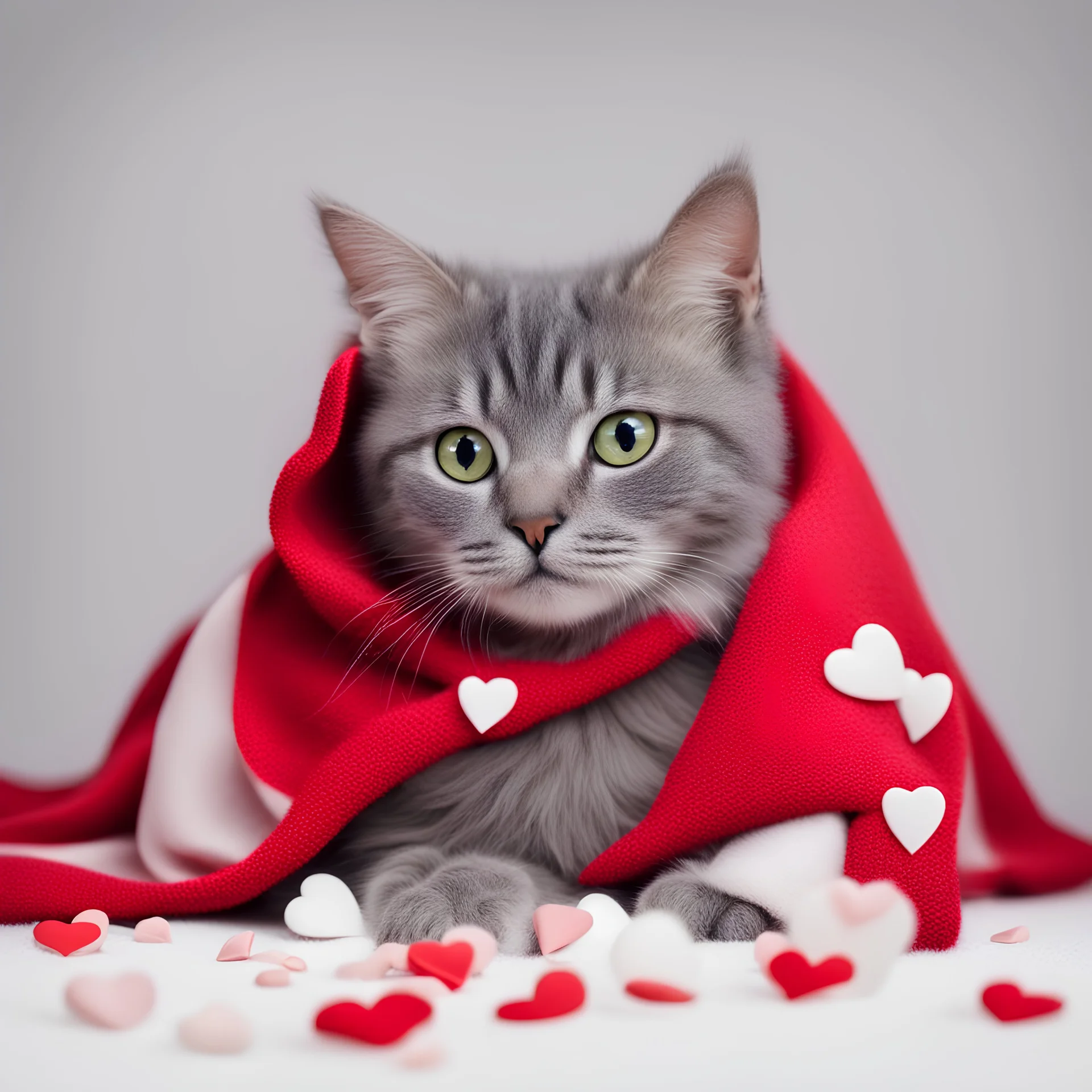 A small gray cat under a red blanket with little white hearts on a white background nothing cropped