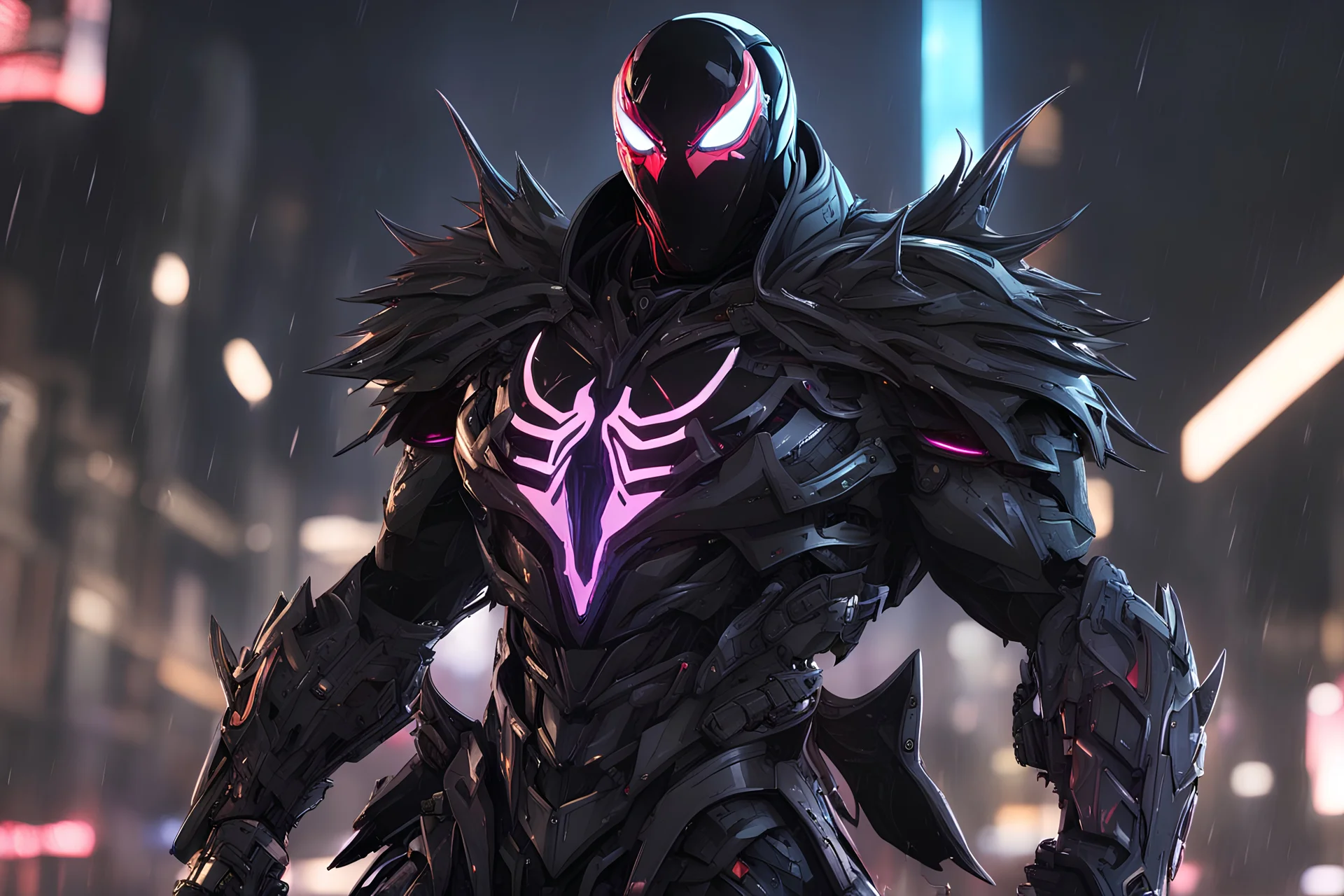 Venom Shredder in 8k solo leveling shadow artstyle, machine them, close picture, rain, Shredder helmet, neon lights, intricate details, highly detailed, high details, detailed portrait, masterpiece,ultra detailed, ultra quality