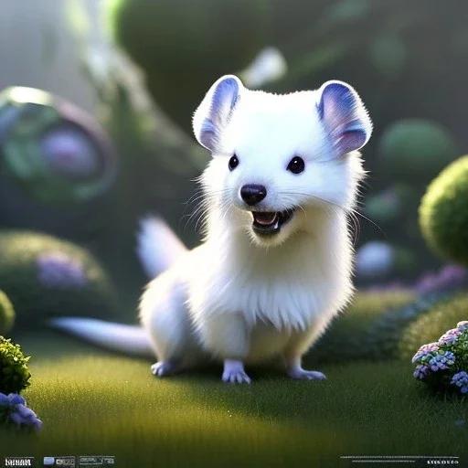 pixar style, volumetric garden environment and background, realistic painting of a cute midget ermine laying on the ground, looking excited, detailed digital painting, extreme dense and fine fur, anime, ornate, colour-washed colors, elegant, small minutiae, tiny features, particulars, centered, smooth, sharp focus, renderman gofur render, 8k, uhd, detailed eyes, realistic shaded volumetric lighting, sunlight caustics, backlight, centered camera view